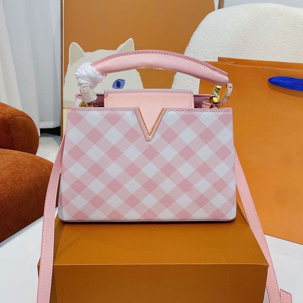 

capu ladies tote bag crossbody handbag plaid shoulder bags purse gold buckle hardware wide strap fashion letter handbags genuine leather