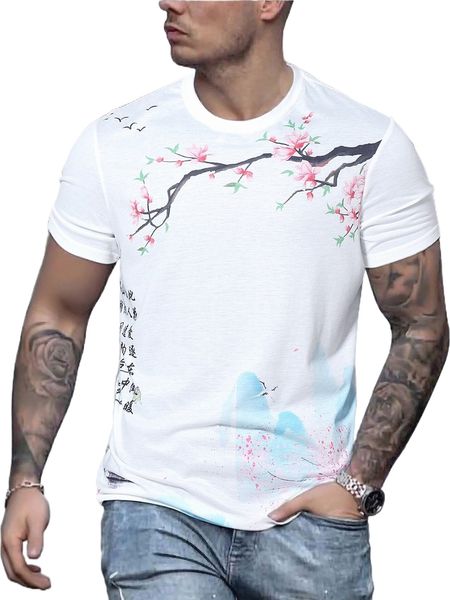 

men floral & chinese slogan graphic tee 268w#, White;black