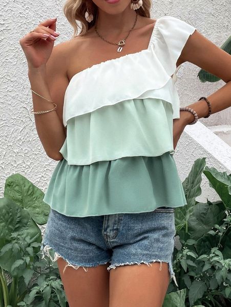 

color block one shoulder layered trim j9ll#, White