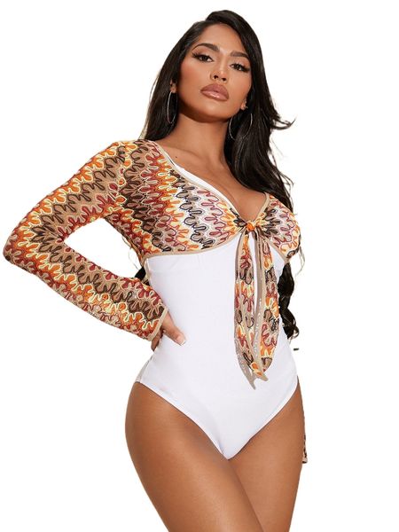 

sxy allover print knot front crop without bodysuit u3iw#, White