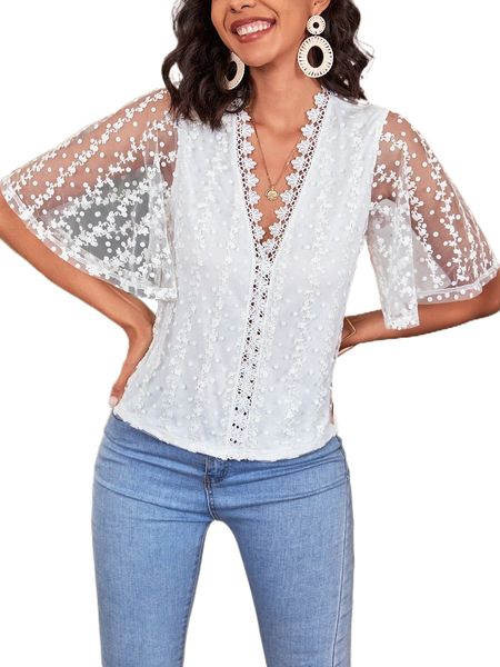 

flounce sleeve guipure lace blouse 66gt#, White