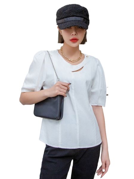 

dazy cut out button detail puff sleeve blouse f3ai#, White