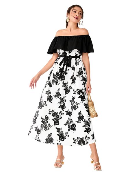 

floral print off shoulder ruffle trim belted dress v3oa#, Black;gray
