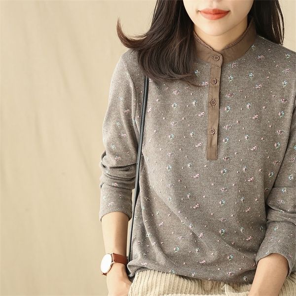 

rustic little flowers print lacing stand collar long sleeve cotton basic tshirt tee autumn winter y200412, White