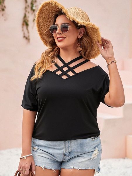 

plus criss cross solid tee s4dc#, Black