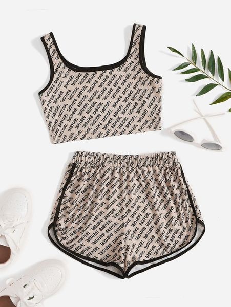 

girls allover letter graphic crop tank & shorts she, White
