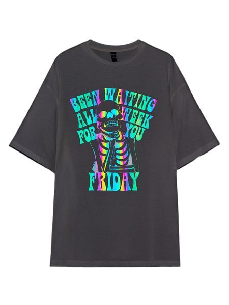 

x ashley baxter reflective skeleton & slogan graphic drop shoulder tee 25lk#, White