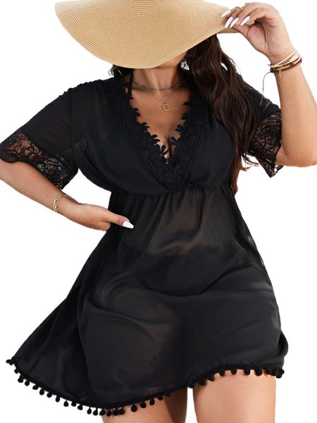 

plus guipure lace panel pom pom trim cover up without bikini h0vl#, Black