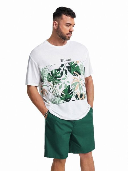 

extended sizes men tropical & letter graphic drop shoulder tee & drawstring waist shorts 604v#, Gray