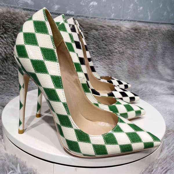 

color matching checkered high heel shoes colorized plaid 12  8cm gladiator shoes slip-on shallow wedding pumps 33-45 t220730, Black