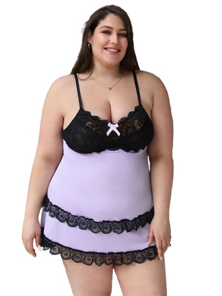 

plus mesh contrast lace bow detail slips l4lq#, Black;white
