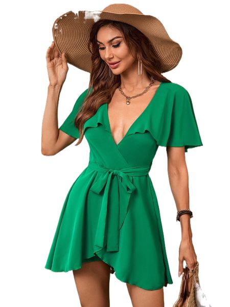 

butterfly sleeve plunging neck belted romper s8ir#, Black;white