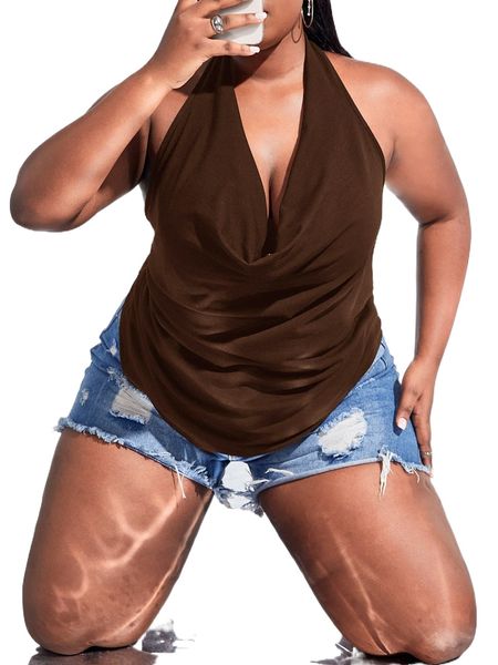 

sxy plus cowl neck tie backless halter h7cs#, Black