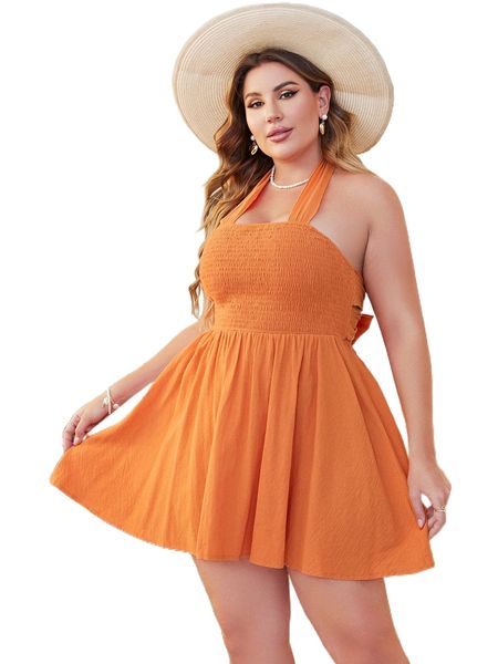 

plus tie backless shirred halter dress i6st#, Black