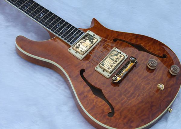

semi hollow electric guitar body mahogany qulited maple f hole , gold hardware