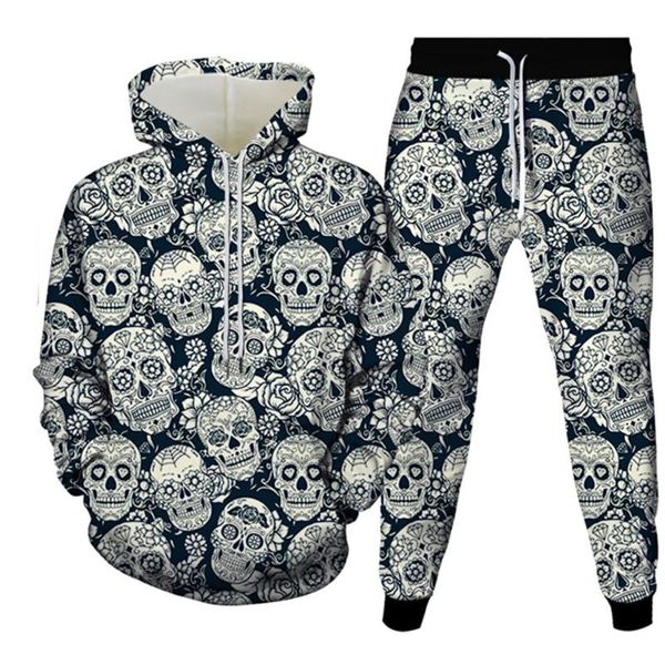 Tute da uomo Set da 2 pezzi Moda Streetwear Uomo Felpe con cappuccio da donna Tuta Punk Hip Hop Stampa teschio Felpa con cappuccio casual Felpa Pantaloni Tuta S-6XL