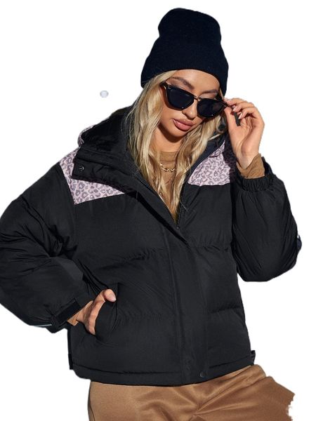 

leopard print colorblock drawstring hooded puffer coat r4wp#, Black