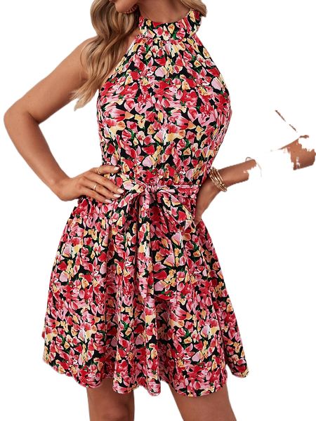 

floral print backless belted halter dress h0uv#, Black;gray