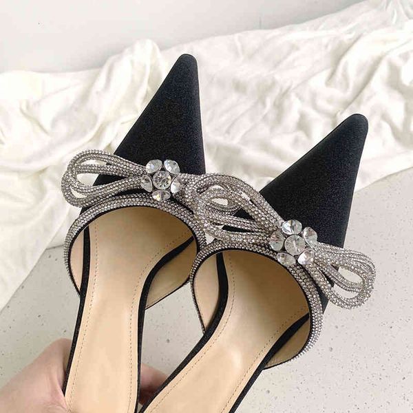 

slippers spring and summer pointed bow high heels semi slippers baotou muller sandals, Black