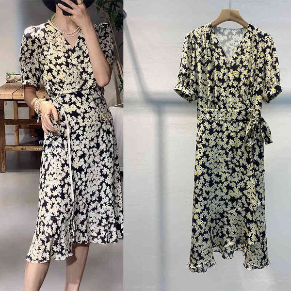 

casual dresses p395465yk french double wrinkle silk print waist dress, Black;gray