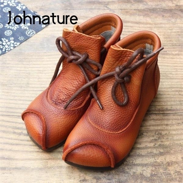 

johnature ankle boots for women shoes genuine leather laceup women boots new round toe flat with sewing ladies shoes 201102, Black