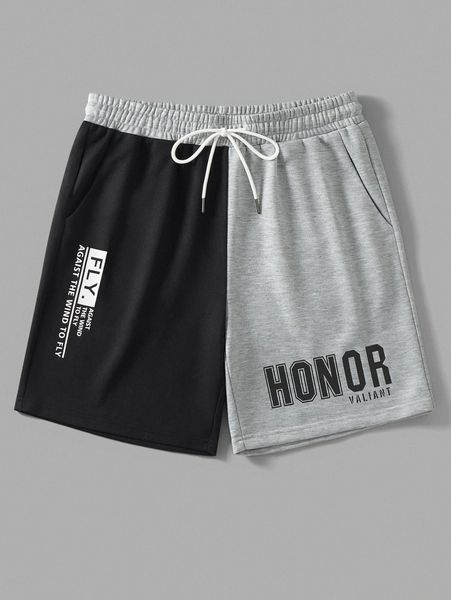 

men letter graphic colorblock drawstring waist shorts o71v#, White;black