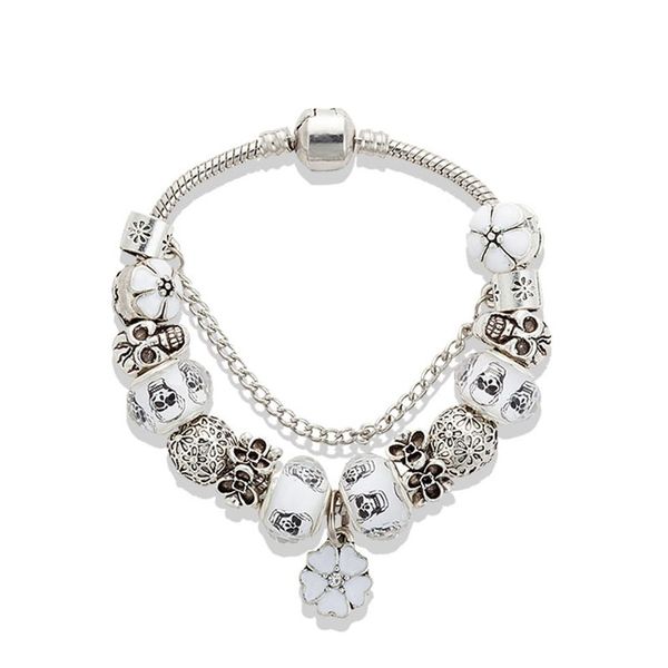

fashion white flower pendant bracelet luxury designer silver plated original box set suitable for pandora diy skull beaded bracele309k, Golden;silver