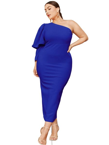 

plus one shoulder gigot sleeve split hem dress o4k7#, Black