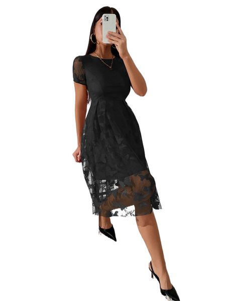 

butterfly print popover hem dress s8mu#, Black;gray