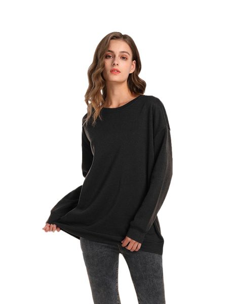 

solid drop shoulder pullover a8gk#, Black