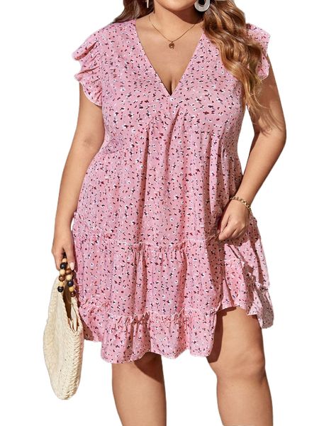 

plus ditsy floral print butterfly sleeve frill trim dress g9mf#, Black
