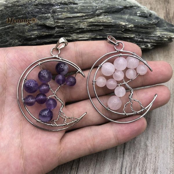 Collane con ciondolo Tree Of Live Wire Wrap Cristallo naturale Quarzo Ametiste Gemme Perle di pietra Crescent Moon Pendenti con collana MY220653Pendente