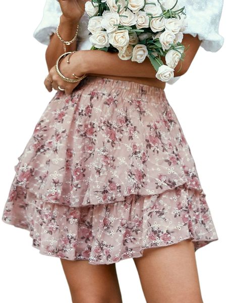 

simplee floral print eyelet embroidery layered hem skirt e98b#, Black