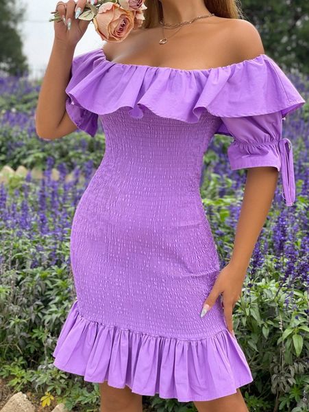 

flounce sleeve ruffle trim shirred dress f6wk#, Black;gray