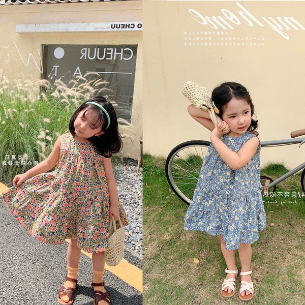 

15931 vintege summer baby girls casual dress sleeveless princess dress children kids florals cotton vest dresses, Red;yellow