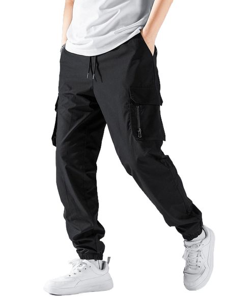 

men drawstring waist flap pocket cargo pants z9al#, Black