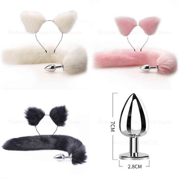NXY Anal Toys Solp Shop Fox Tail Metal Butt Plug With Hairpin Ears Fetish Cosplay Games para casais Mulher 220506