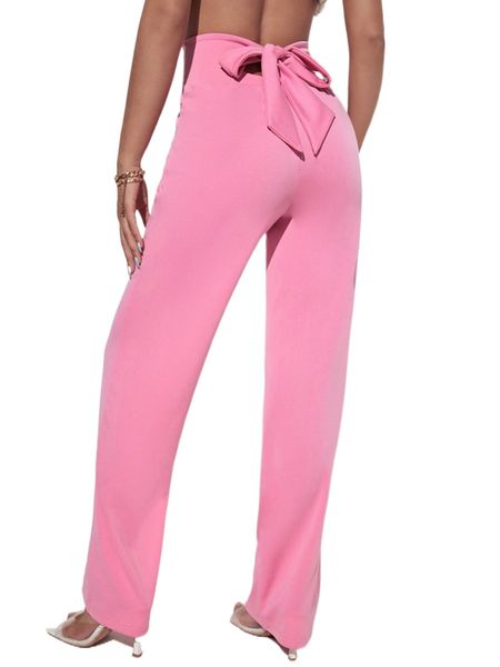 

tie back solid high waist pants x57o#, Black;white