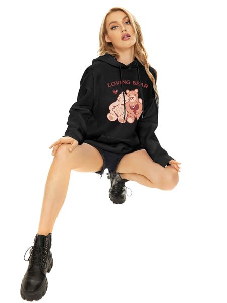 

bear and slogan graphic oversized hooded sweatshirt v8pt#, Black