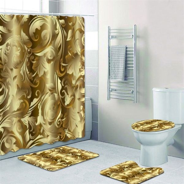 3D floreale barocco damasco fiori d'oro set tenda da doccia per bagno tappetini da bagno dorati di lusso tappeto toilette decorazioni per la casa regalo 220429