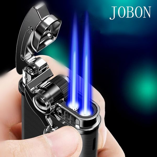 Новое прибытие легче Jobon Mini Portable Metal Double Forch Jet Cigar Wind -Rays Blue Flame Lister Gadgets Gift Без газа