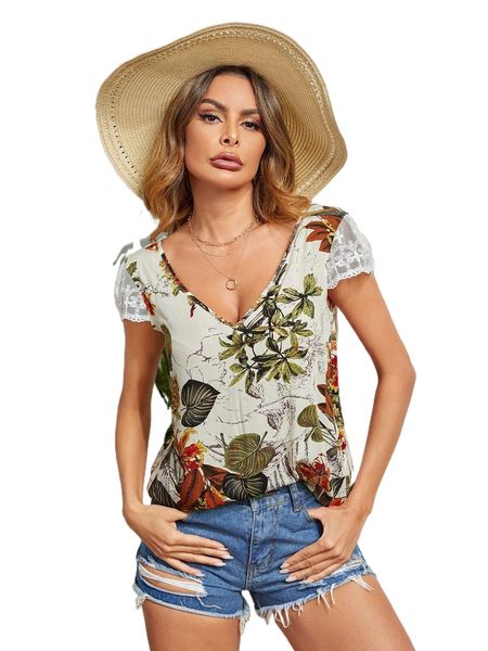 

tropical print embroidery mesh sleeve z0ei#, White