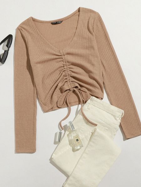 

drawstring front rib-knit tee e91p#, White
