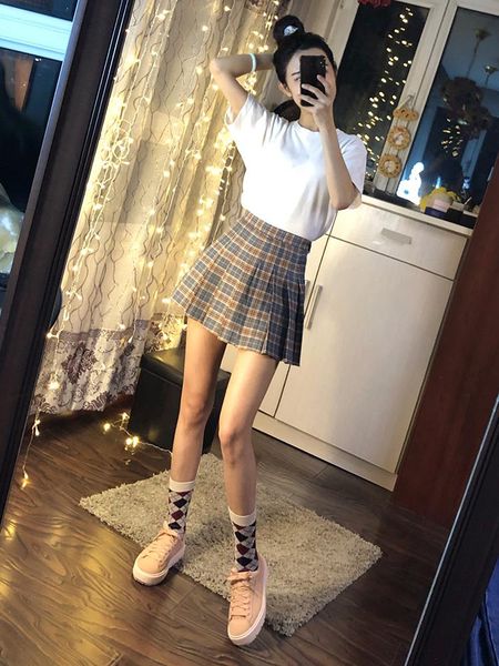 

mini skirt pleated checkered women harajuku fashion clothing spring a line plaid college style e girl summer, Black