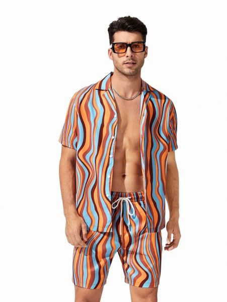 

men wave striped print shirt & drawstring waist shorts m0cq#, Gray