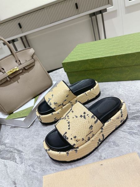 

designer slippers triangle buckle raffia straw espadrille women thick bottom sandals slip mules slides lady platform wedges square toe flip, Black