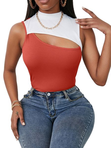 

sxy color block cut out mock neck tank e0ie#, White