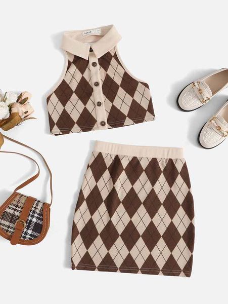 

girls argyle pattern button front crop & skirt set she, White