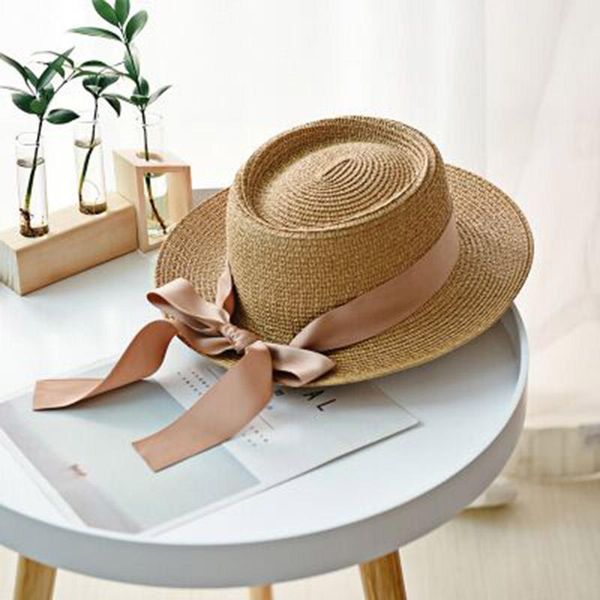 

wide brim hats 2022 simple summer women's beach hat female casual panama lady brand flat bowknot straw cap girls sun, Blue;gray