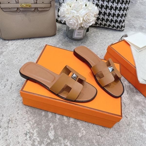 

30% off 2022 sandals summer women genuine leather flat slippers rivets outside beach slides flip flops designer shoes chaussure femme size34, Black